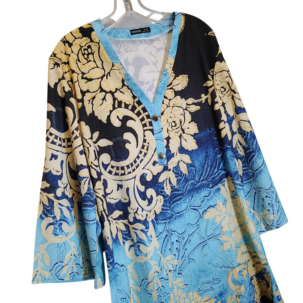 Noracora‎ Women Blue  V-Neck Tunic Dress 3/4 Sleeve Size M Bobo Resort Wear